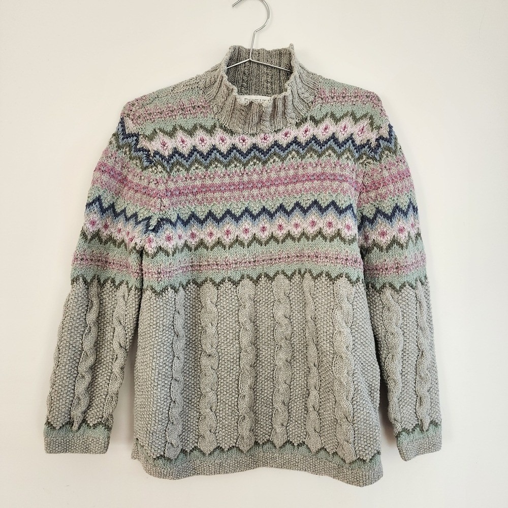 Petite Sophisticate Sweater Women Medium Gray Fair Isle Cable Knit Cozy Winter